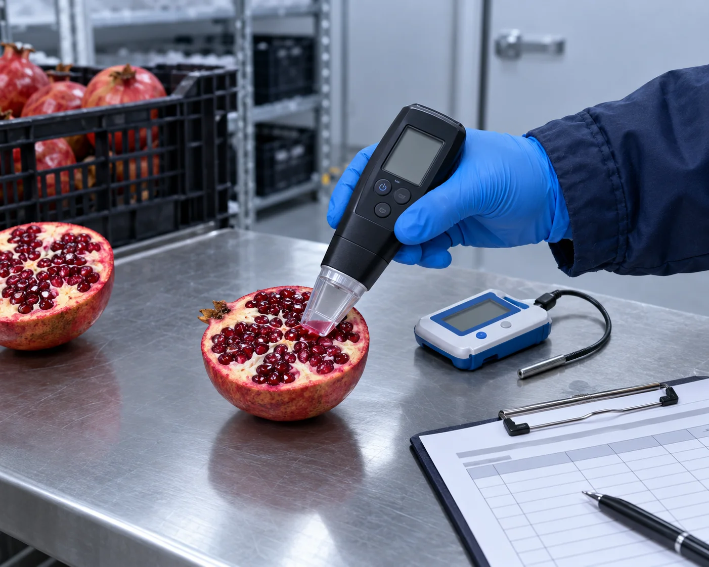 Pre-loading quality inspection of fresh pomegranates with a refractometer and specification sheet