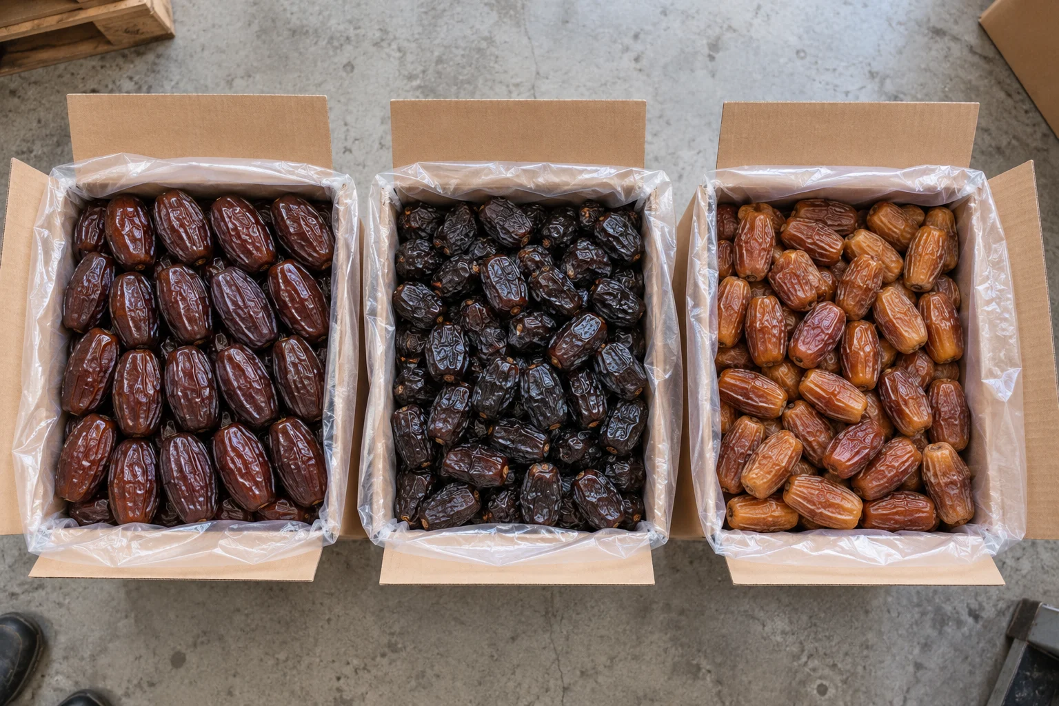 Bulk cartons of Medjool, Mazafati and Deglet Nour dates graded for Ramadan wholesale orders