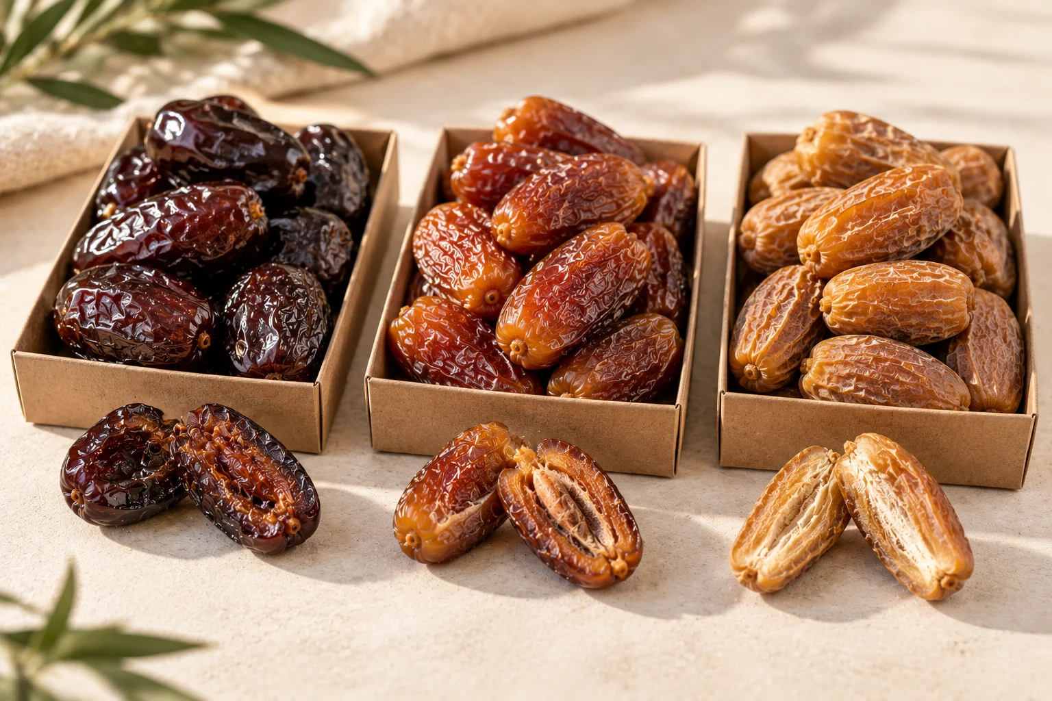 Soft, semi-dry and dry dates shown side by side to compare texture classes used in wholesale specifications