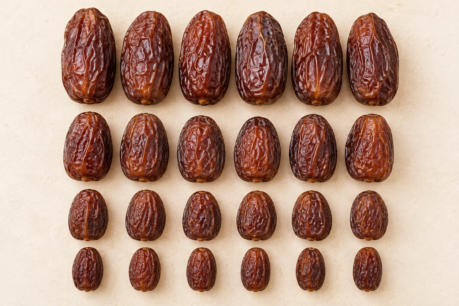 Medjool dates graded Jumbo, Large, Medium and Small showing calibre differences that drive wholesale price