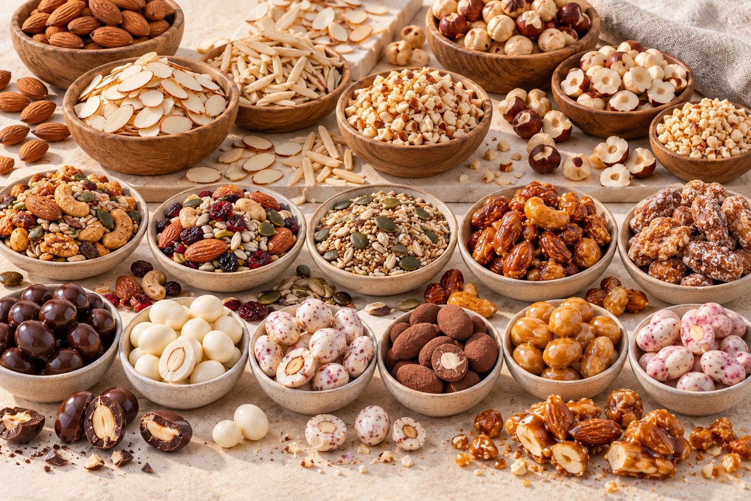 Roasted, coated and flavoured nuts and seeds, sliced almonds and diced hazelnuts as inclusions
