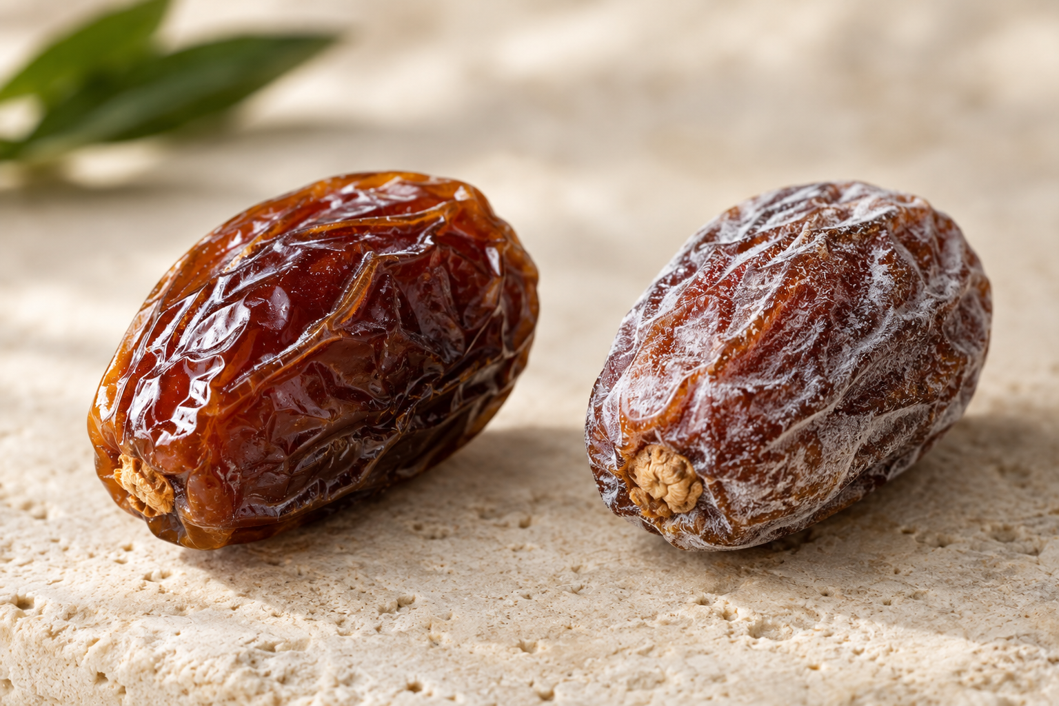Sugaring on dates compared with a glossy date in good storage condition