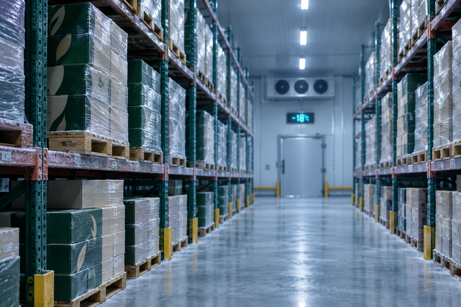 Cold storage room with palletised cartons of dates at controlled temperature