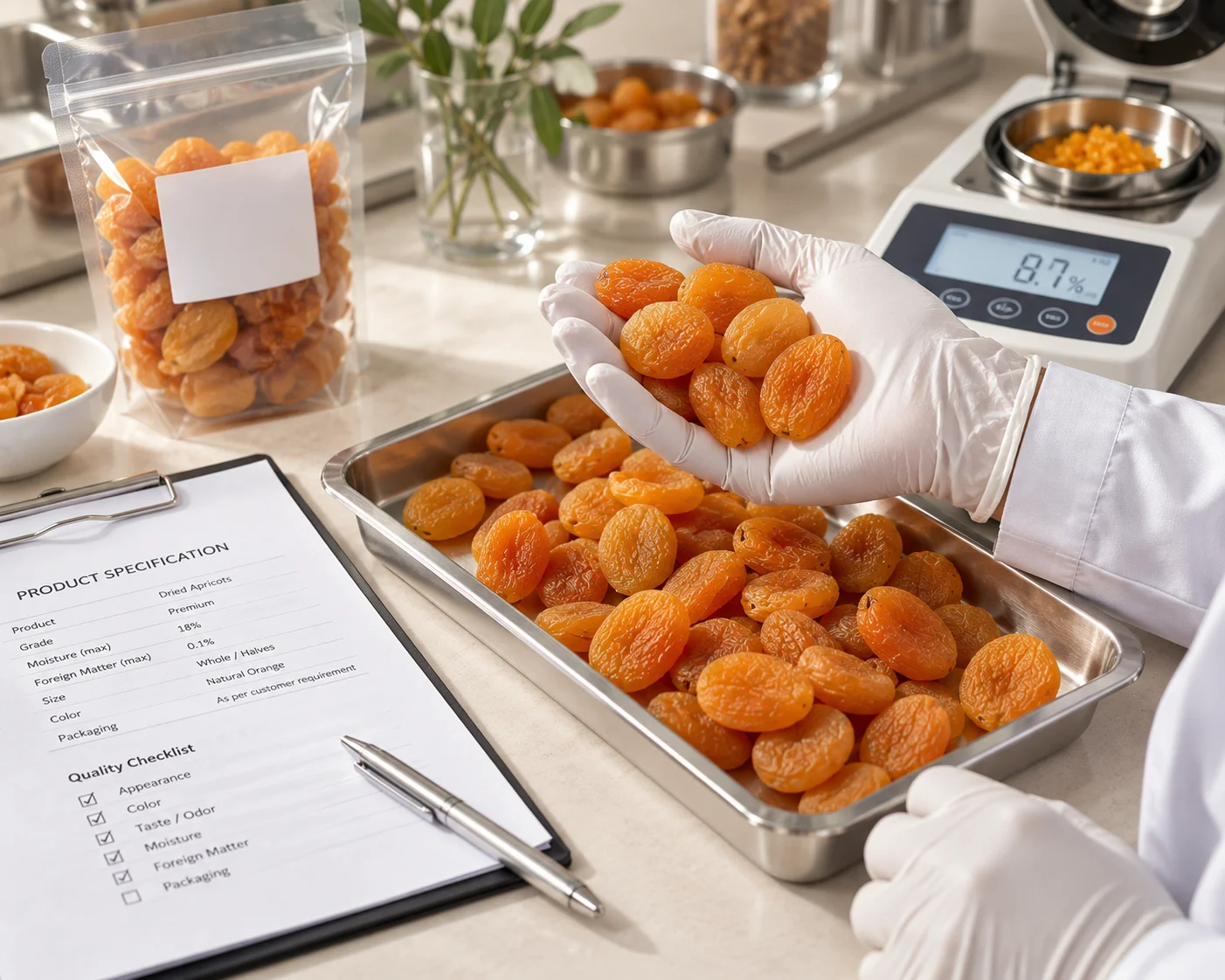 Quality inspection of dried fruit samples against a Plusimpex specification sheet