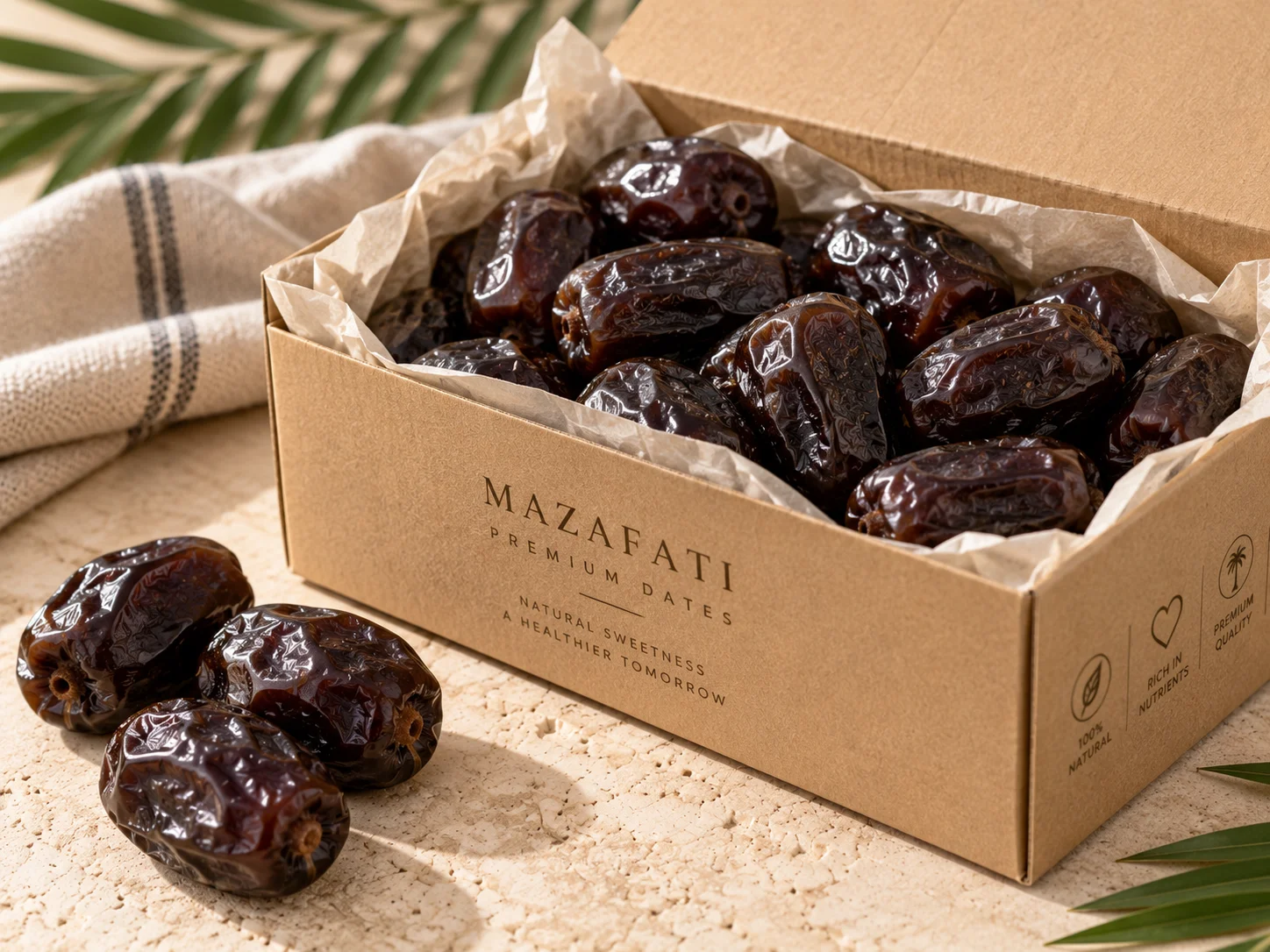 Mazafati dates from Bam, Iran, packed in 600 g and 5 kg boxes