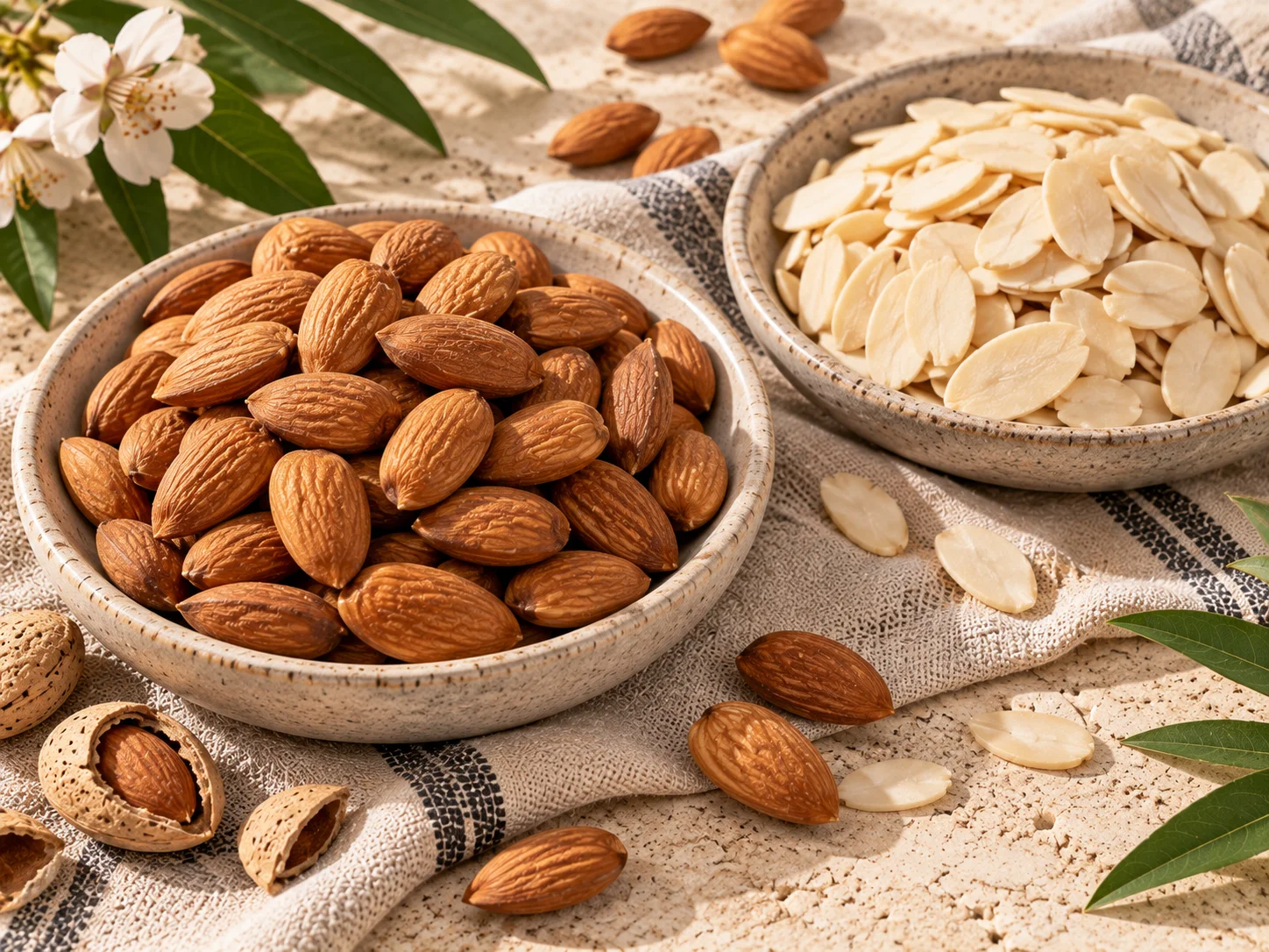 Bulk almond kernels — Nonpareil, Carmel and Mamra, raw, blanched and sliced