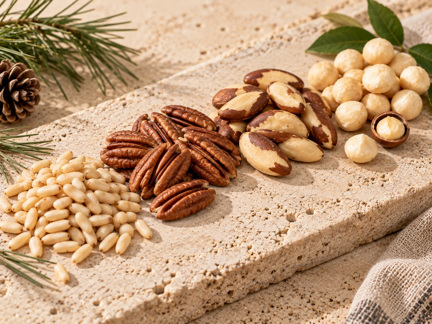 Pine nuts, peanuts, Brazil nuts, macadamia and pecans in bulk
