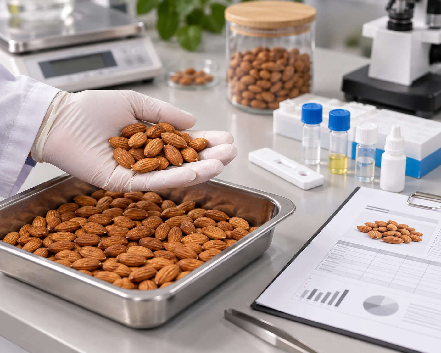 Quality inspection of almond and pistachio samples against a Plusimpex specification sheet