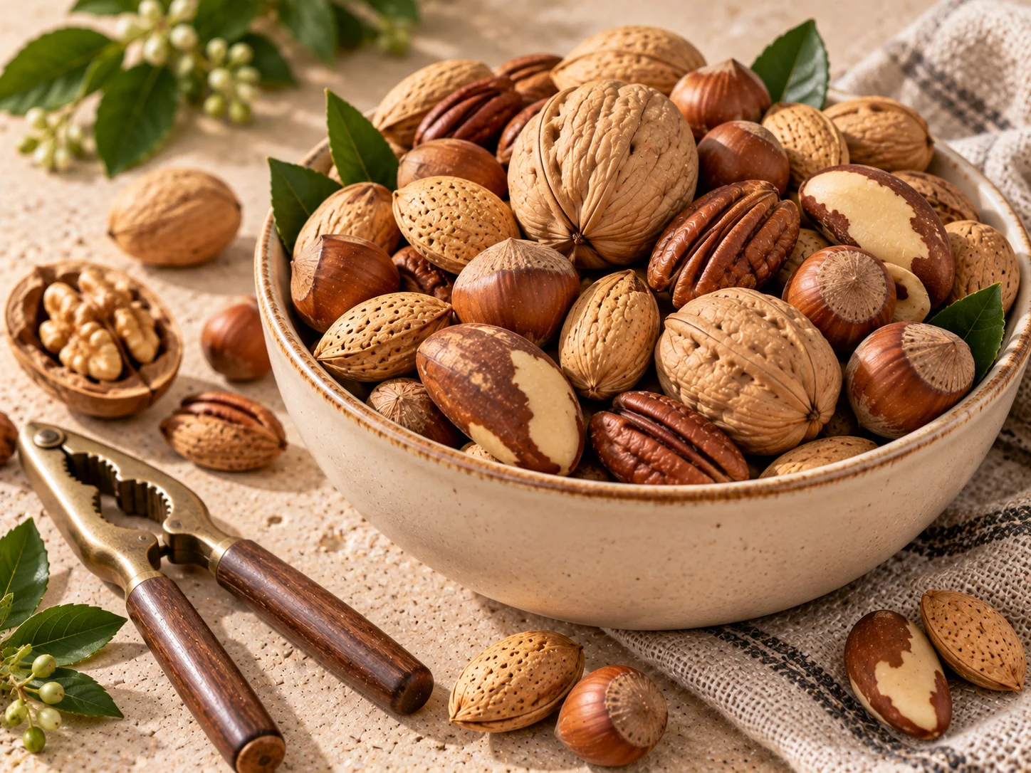 Mixed nuts in shell — walnuts, hazelnuts, almonds, Brazil nuts and pecans for festive packs