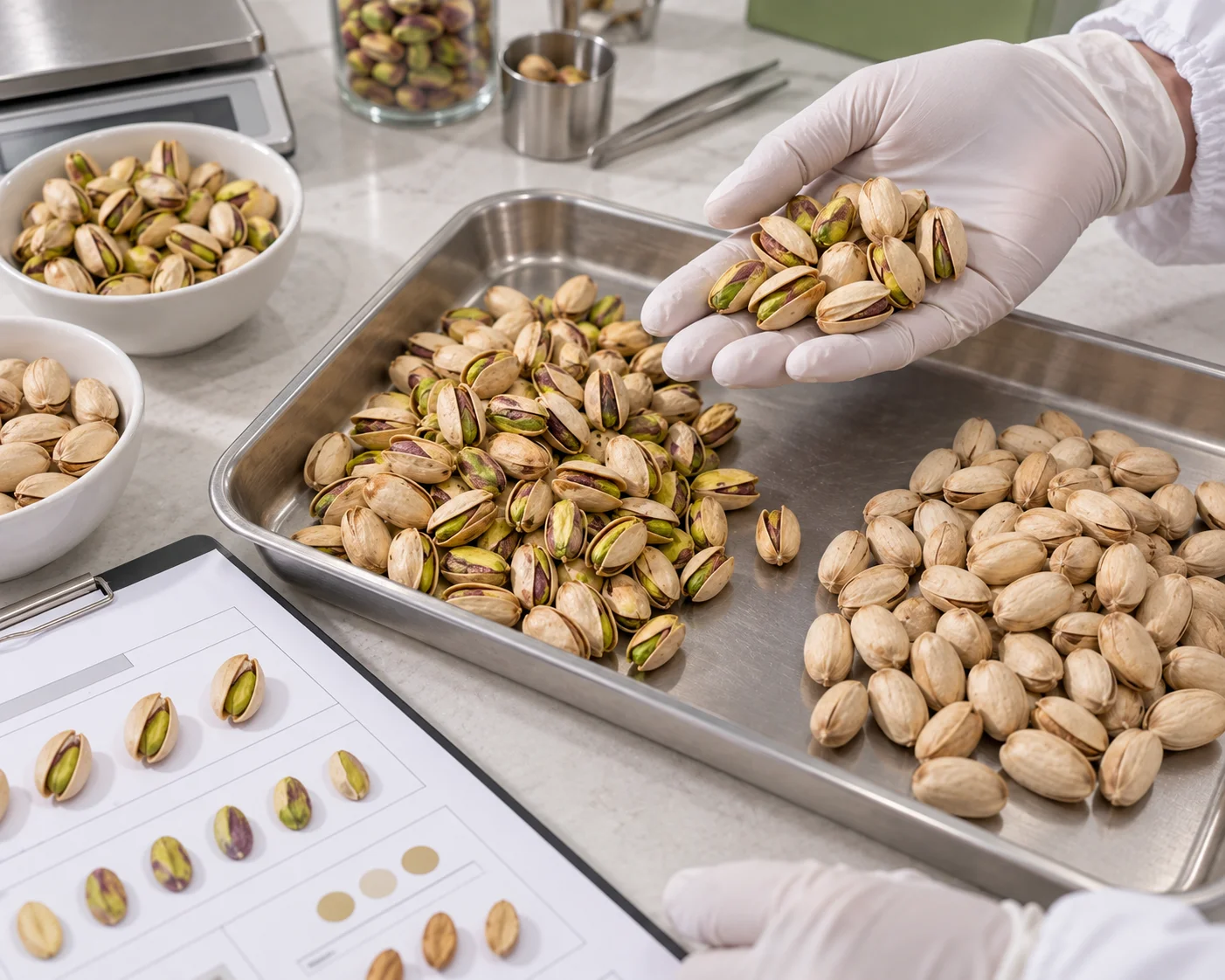 Quality inspection of in-shell pistachio and walnut samples against a Plusimpex specification sheet