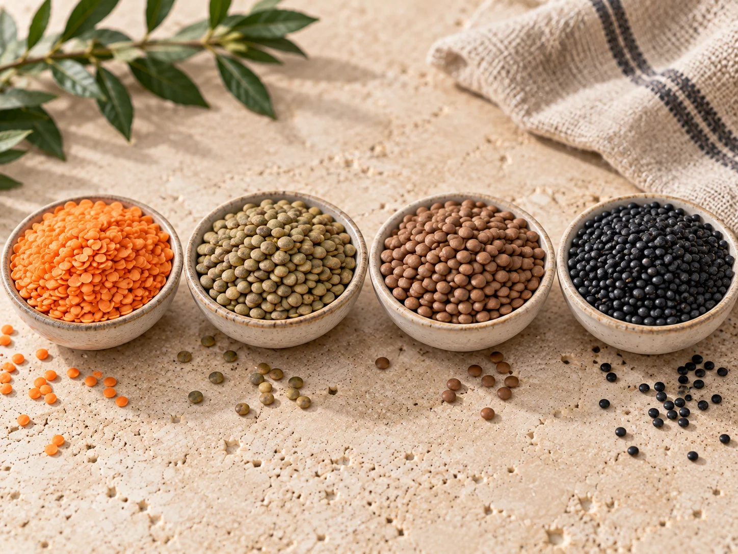 Red split lentils, green lentils and brown lentils in bulk bags