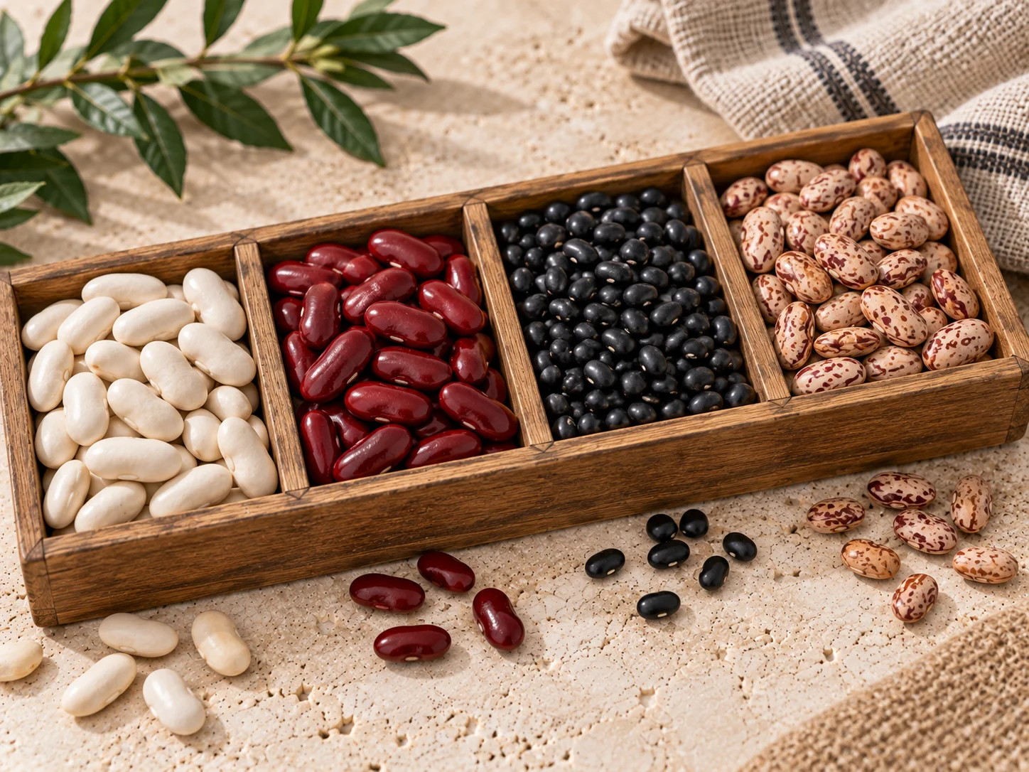 Dry beans — white kidney, red kidney, black, pinto and mung beans in bulk