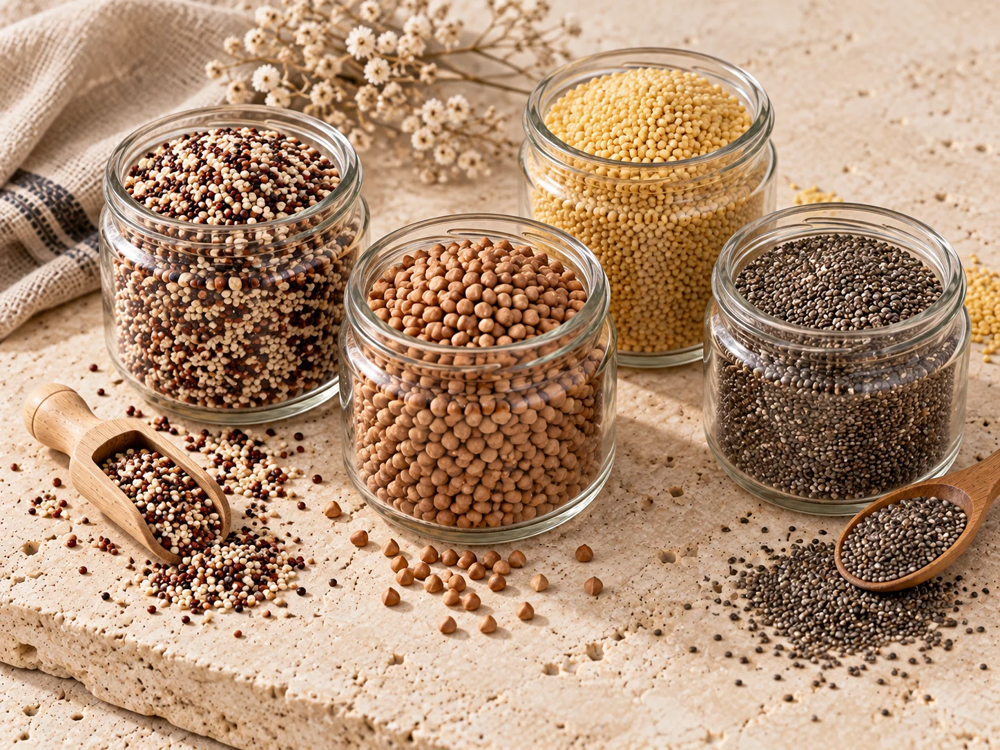 Quinoa, buckwheat, millet, chia and ancient grains in bulk