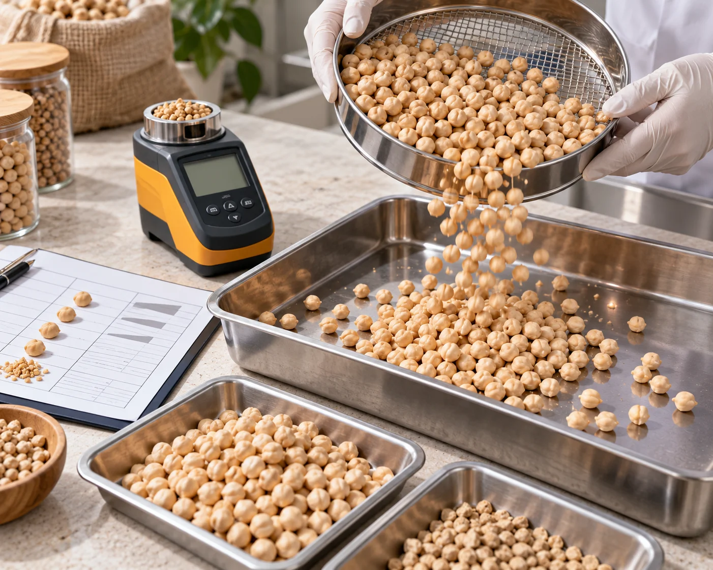 Quality inspection of chickpea and lentil samples against a Plusimpex specification sheet