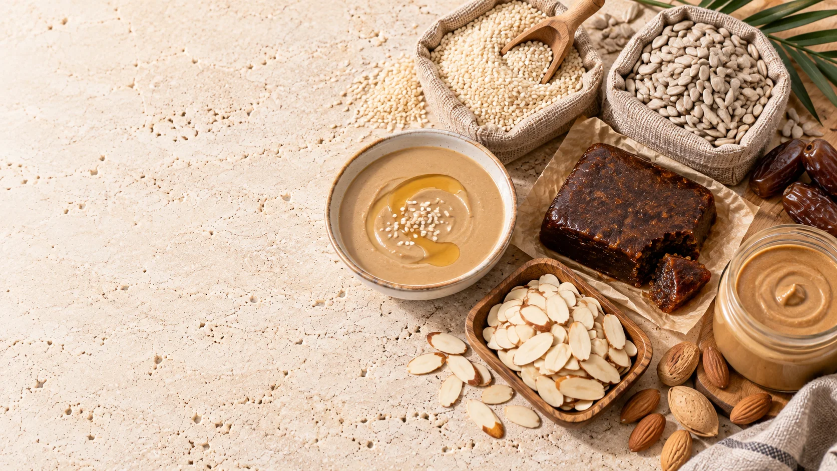 Bulk seeds and processed food ingredients — sesame, sunflower, pumpkin seeds, tahini, nut pastes and powders — supplied by Plusimpex B.V.
