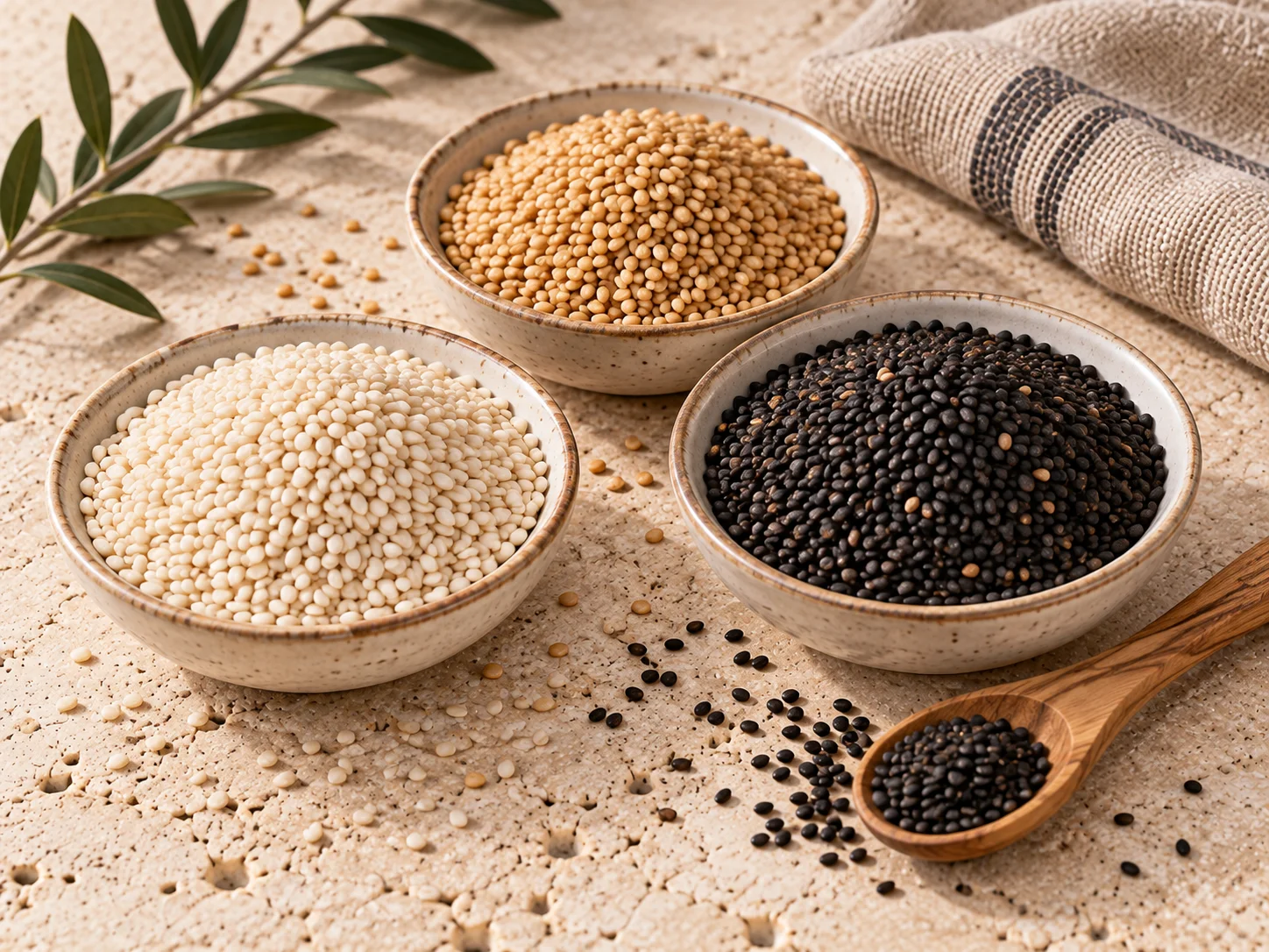 Bulk hulled and natural sesame seeds, white, black and golden, for bakeries and tahini producers