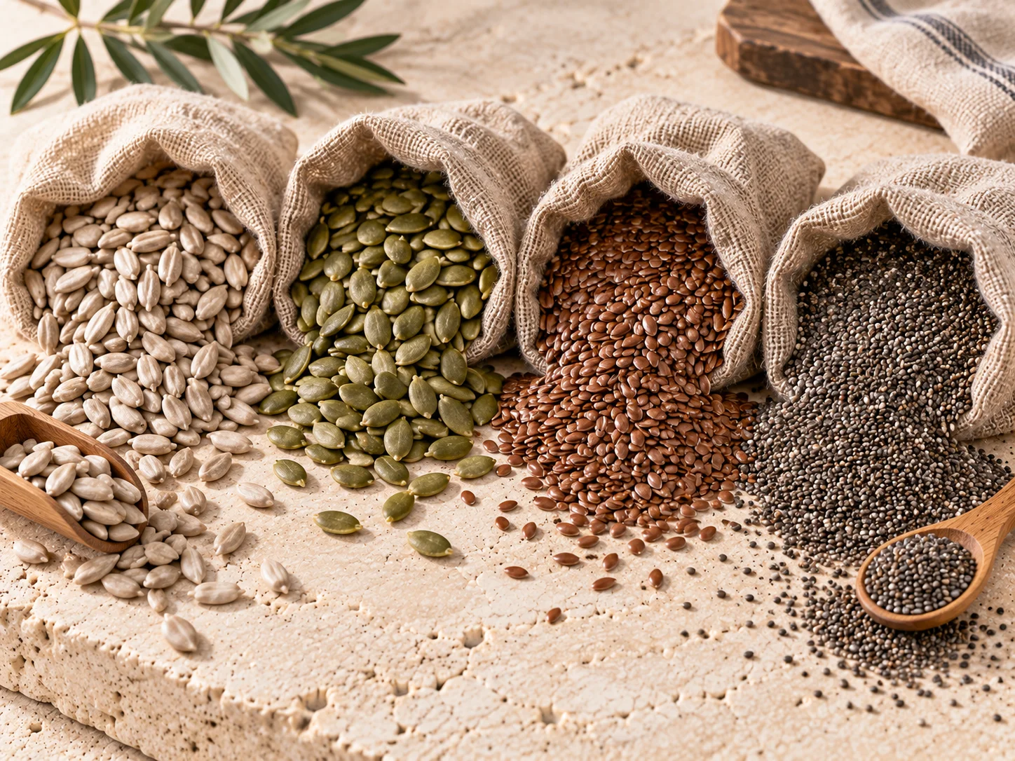 Sunflower kernels, pumpkin seeds, flax and chia seeds in bulk for bakery and snack producers