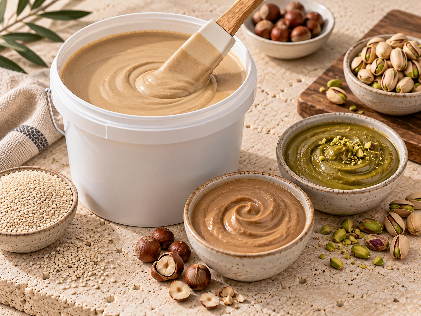 Bulk tahini, almond butter, hazelnut paste and pistachio paste in pails and drums