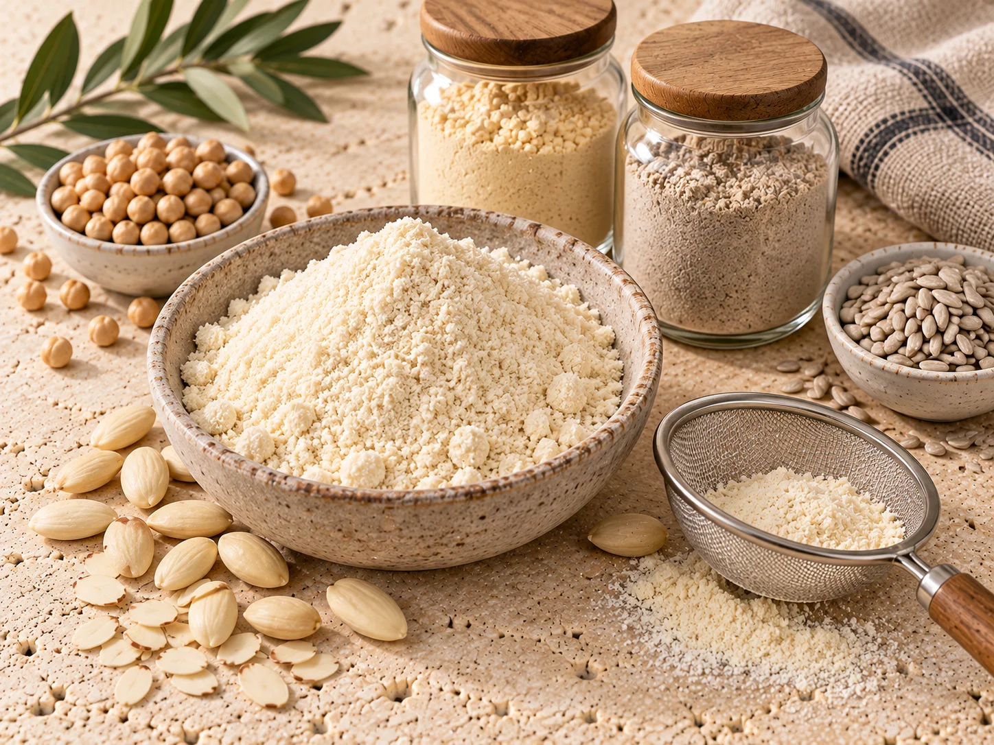 Almond flour, hazelnut meal, chickpea flour and defatted seed powders in bulk