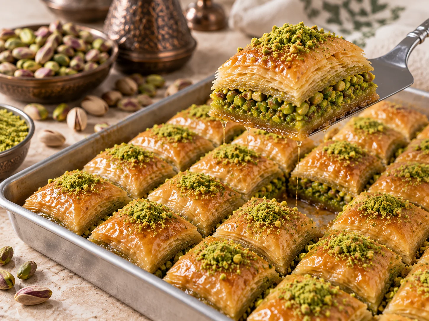 Wholesale pistachio baklava, walnut baklava and kadayif in trays