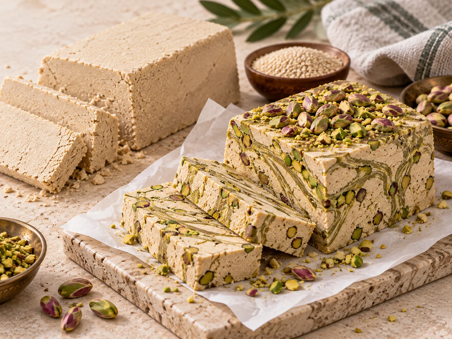 Tahini halva blocks — plain, pistachio and cocoa — and Persian ardeh halva