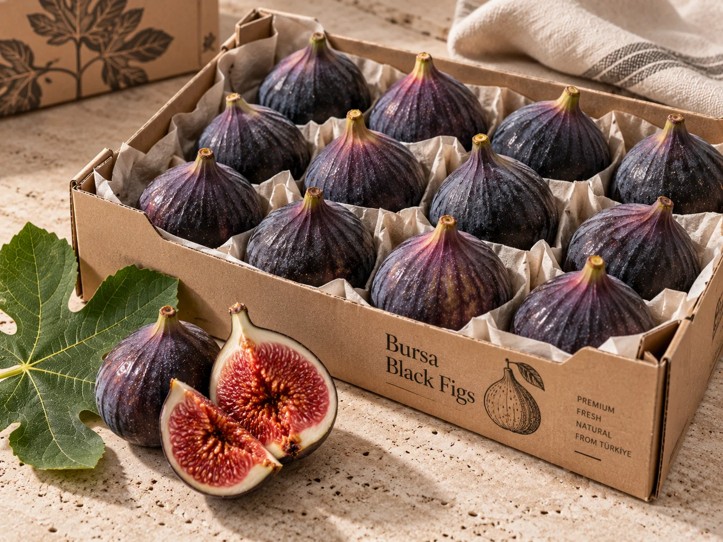 Fresh Bursa black figs in single-layer trays for air freight