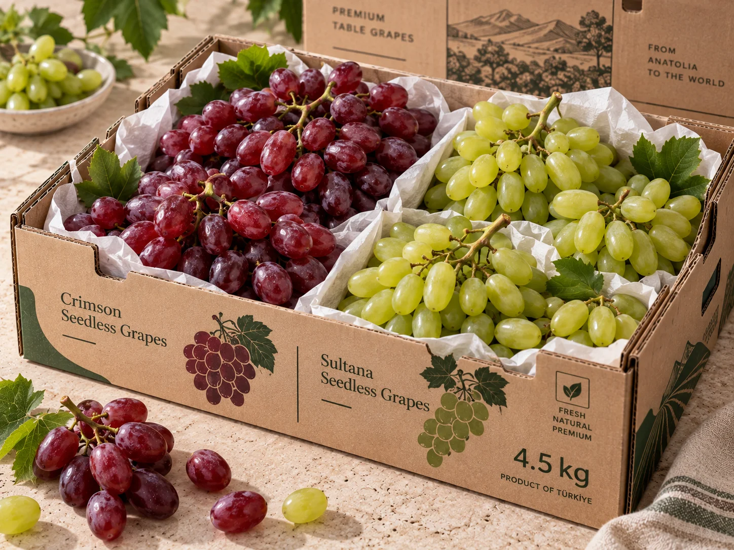 Seedless table grapes — Sultana, Crimson and Red Globe — in 4.5 kg export boxes