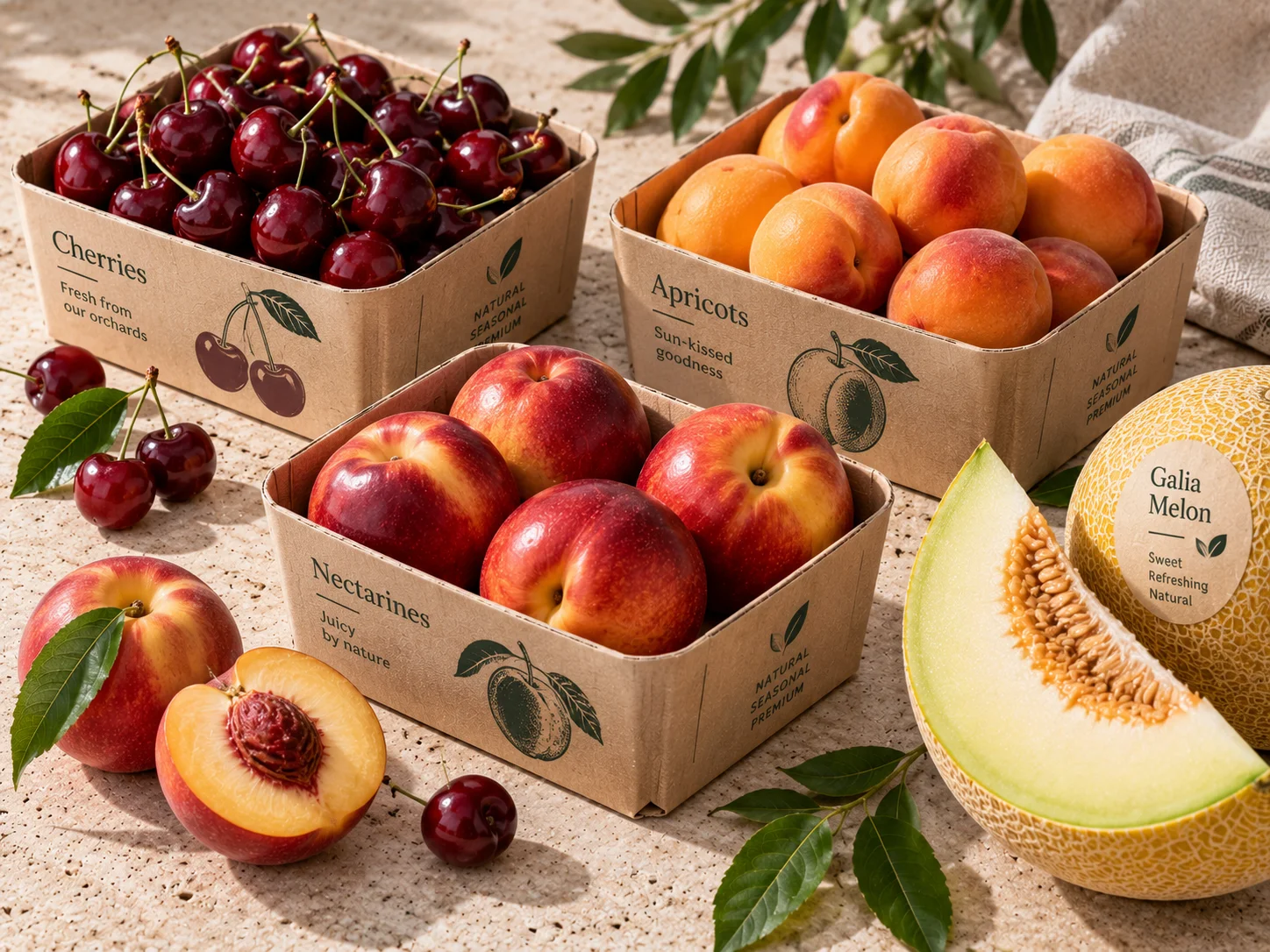 Fresh stone fruit and melons — apricots, cherries, peaches, nectarines and watermelon