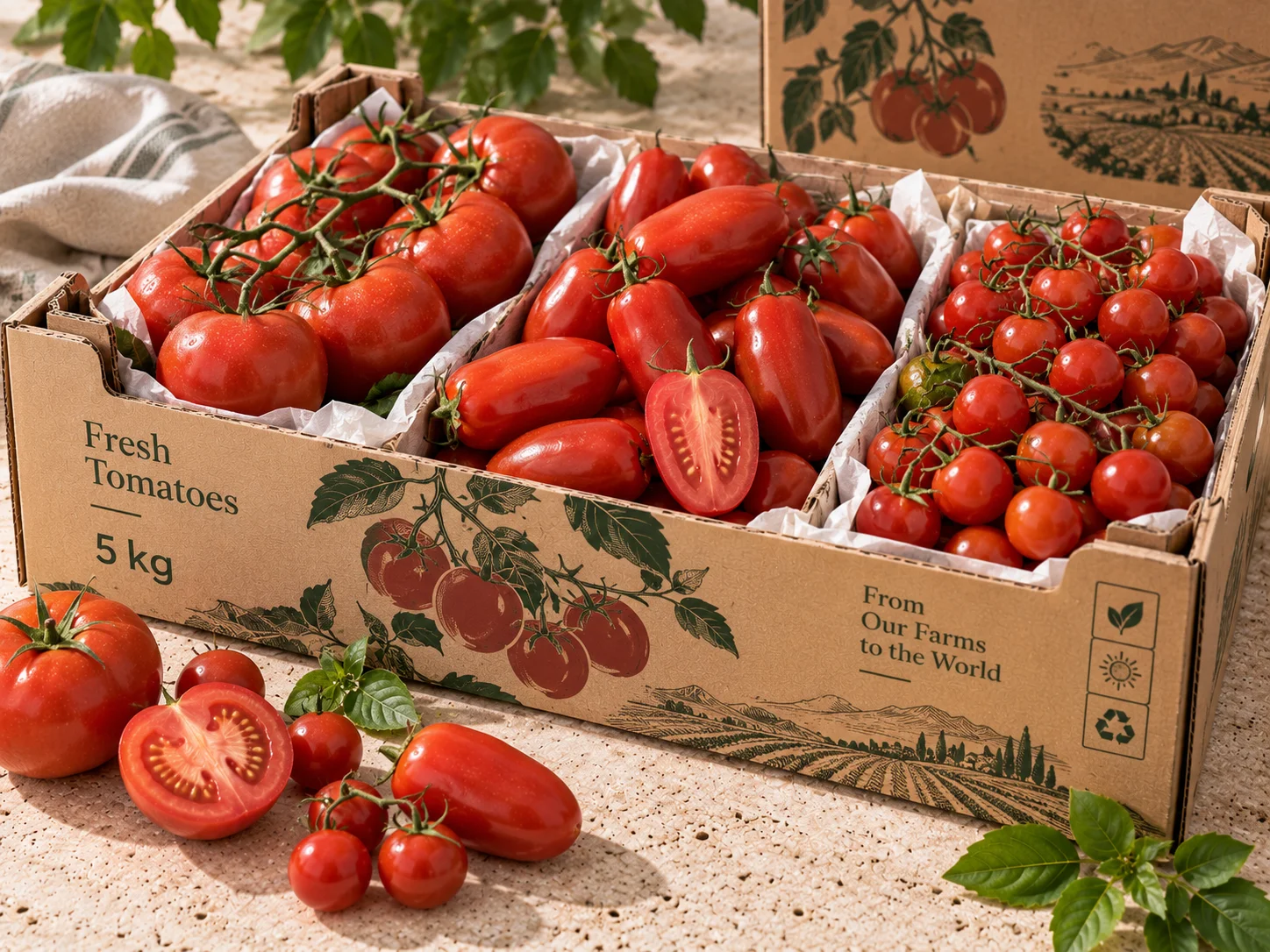 Fresh tomatoes — round, plum, cherry and vine — in export crates
