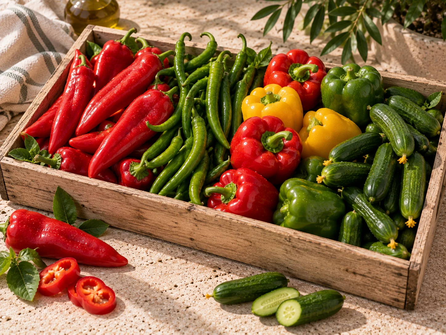 Fresh peppers and cucumbers — bell peppers, pointed peppers, chillies and mini cucumbers