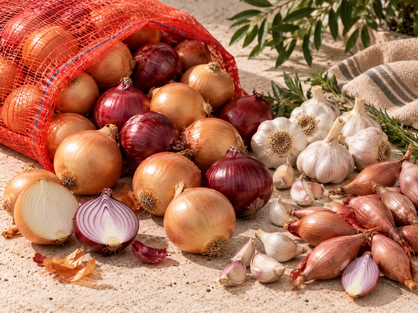 Onions, garlic and shallots in 10 kg and 25 kg nets for wholesale
