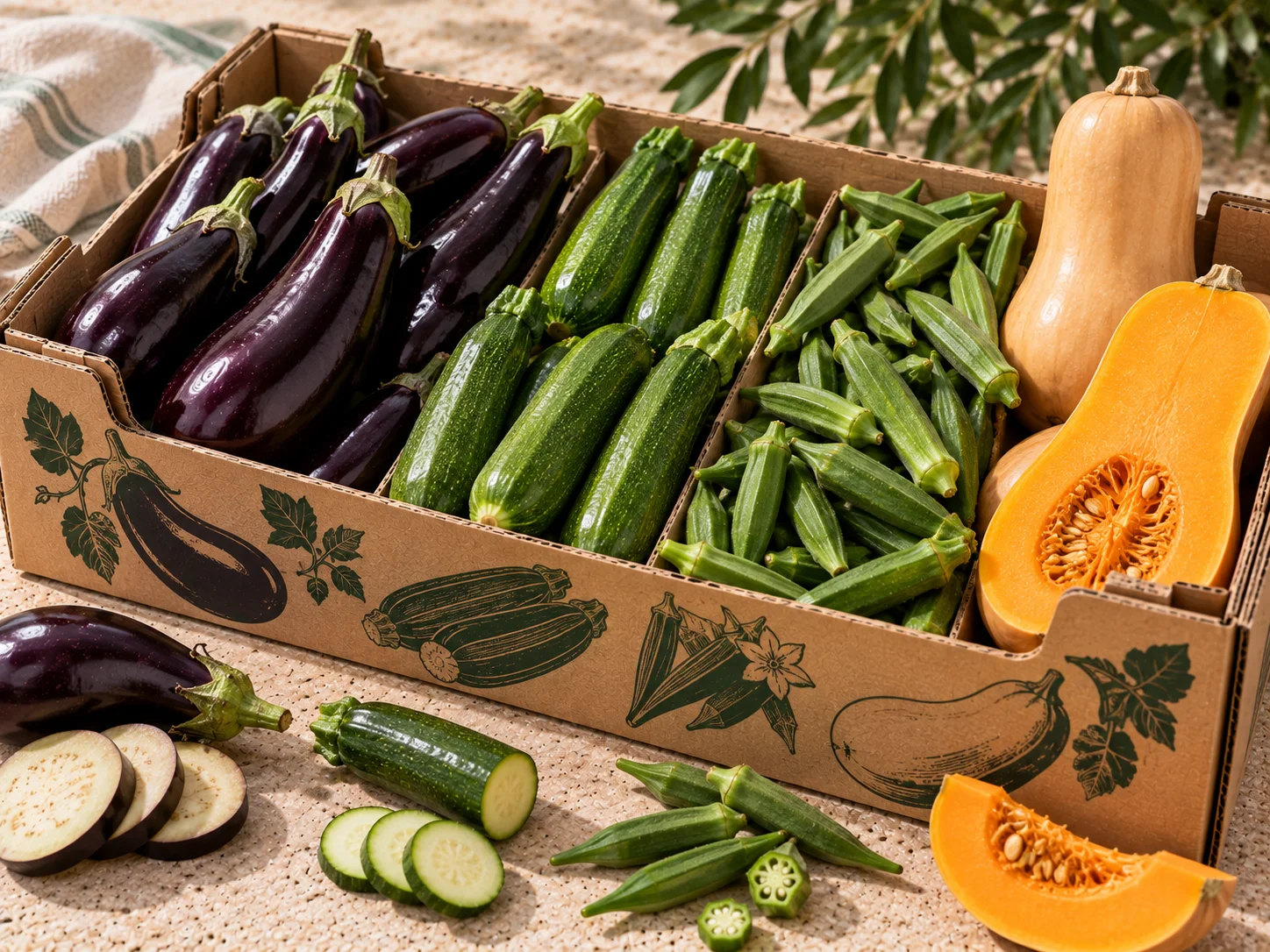 Aubergines, courgettes, okra and squash — Mediterranean vegetables in export cartons