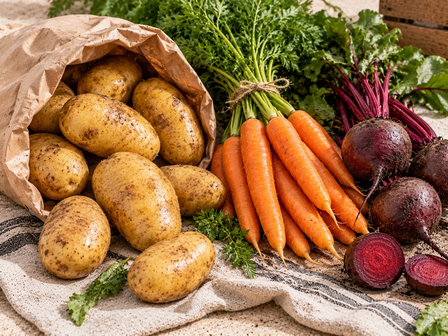 Potatoes, carrots, beetroot and root vegetables in bulk bags