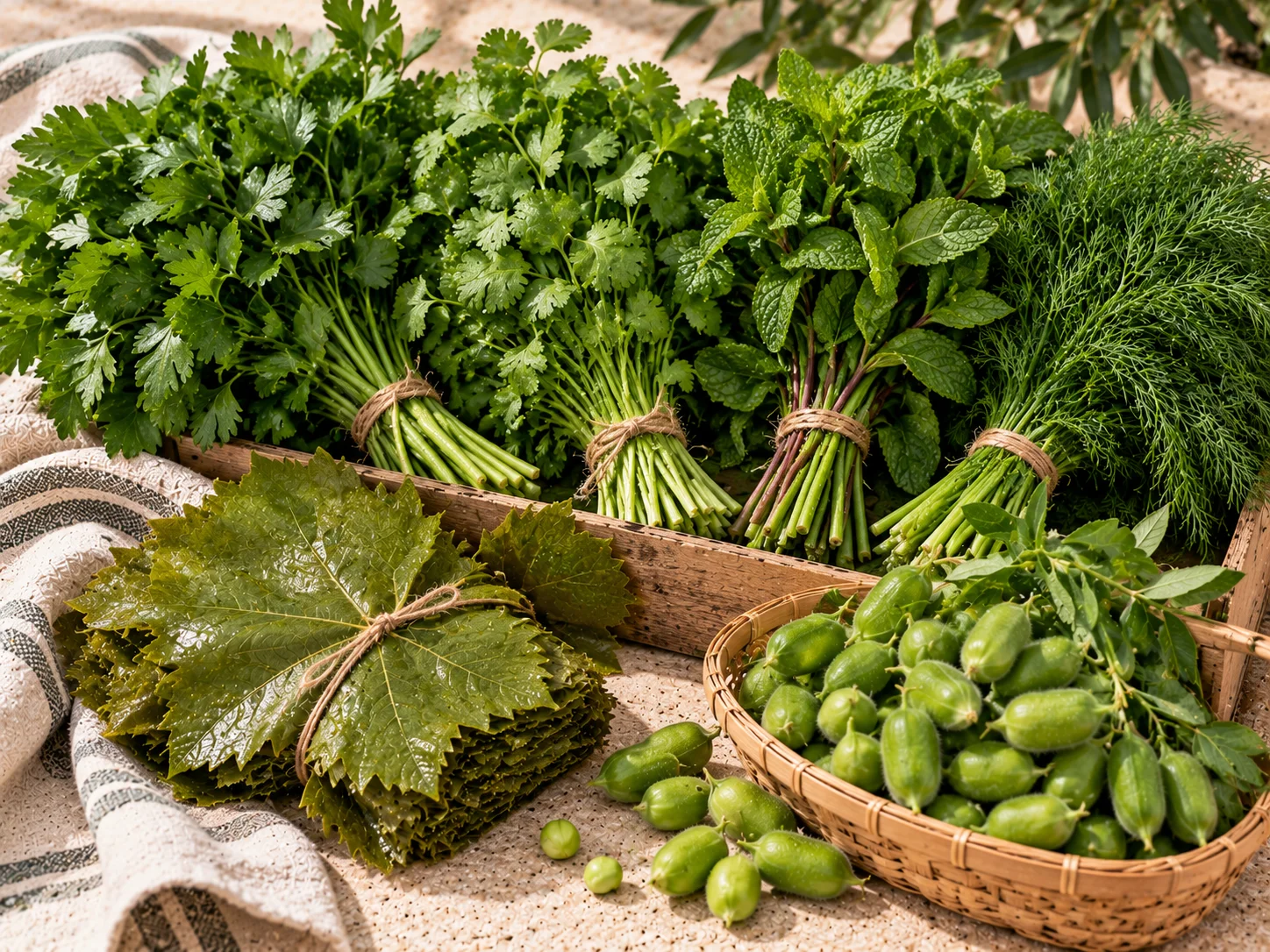 Fresh herbs and Middle Eastern specialty vegetables — parsley, coriander, mint, dill, vine leaves and molokhia