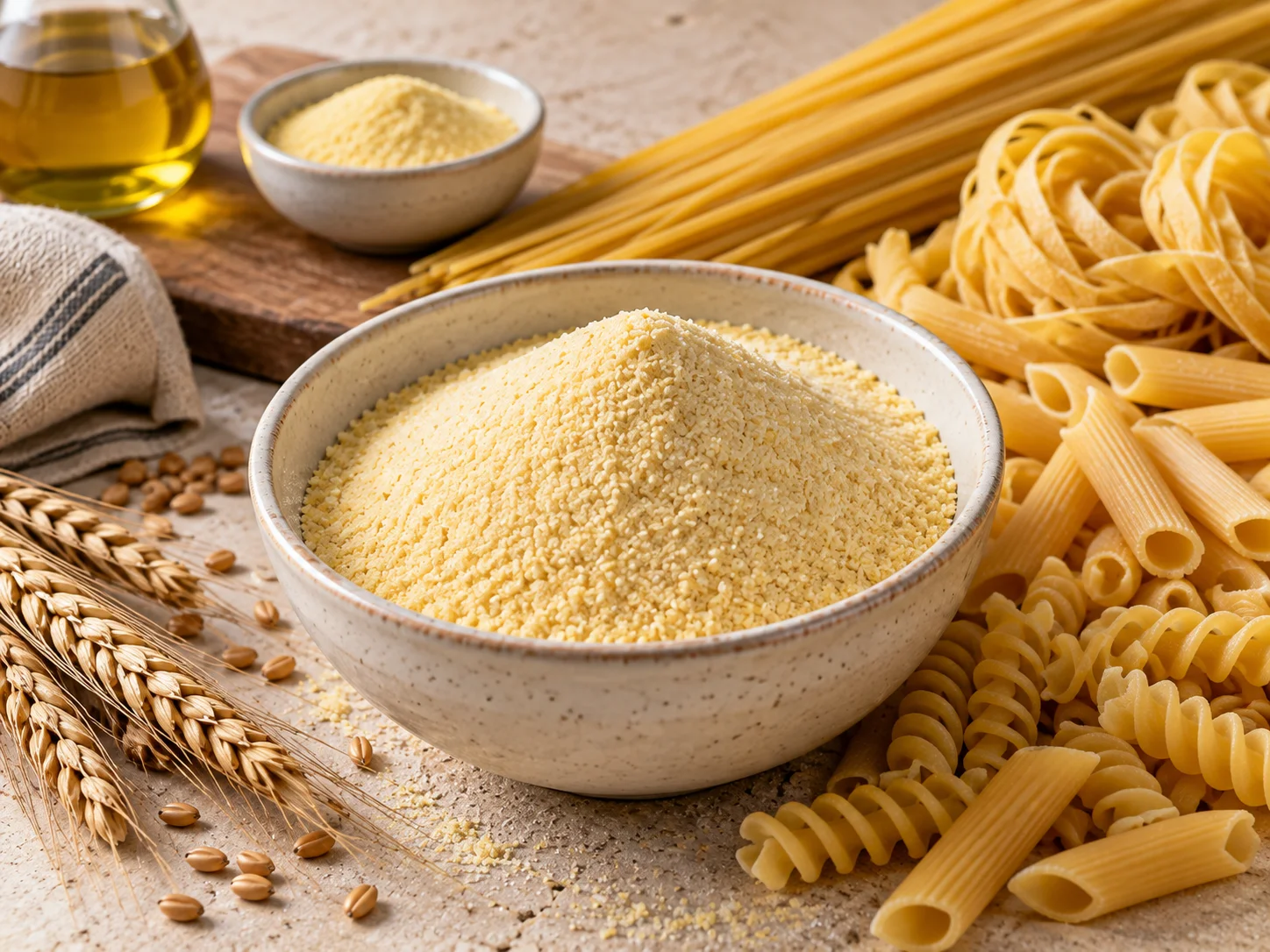 Durum wheat semolina and pasta flour, fine and coarse, in bulk