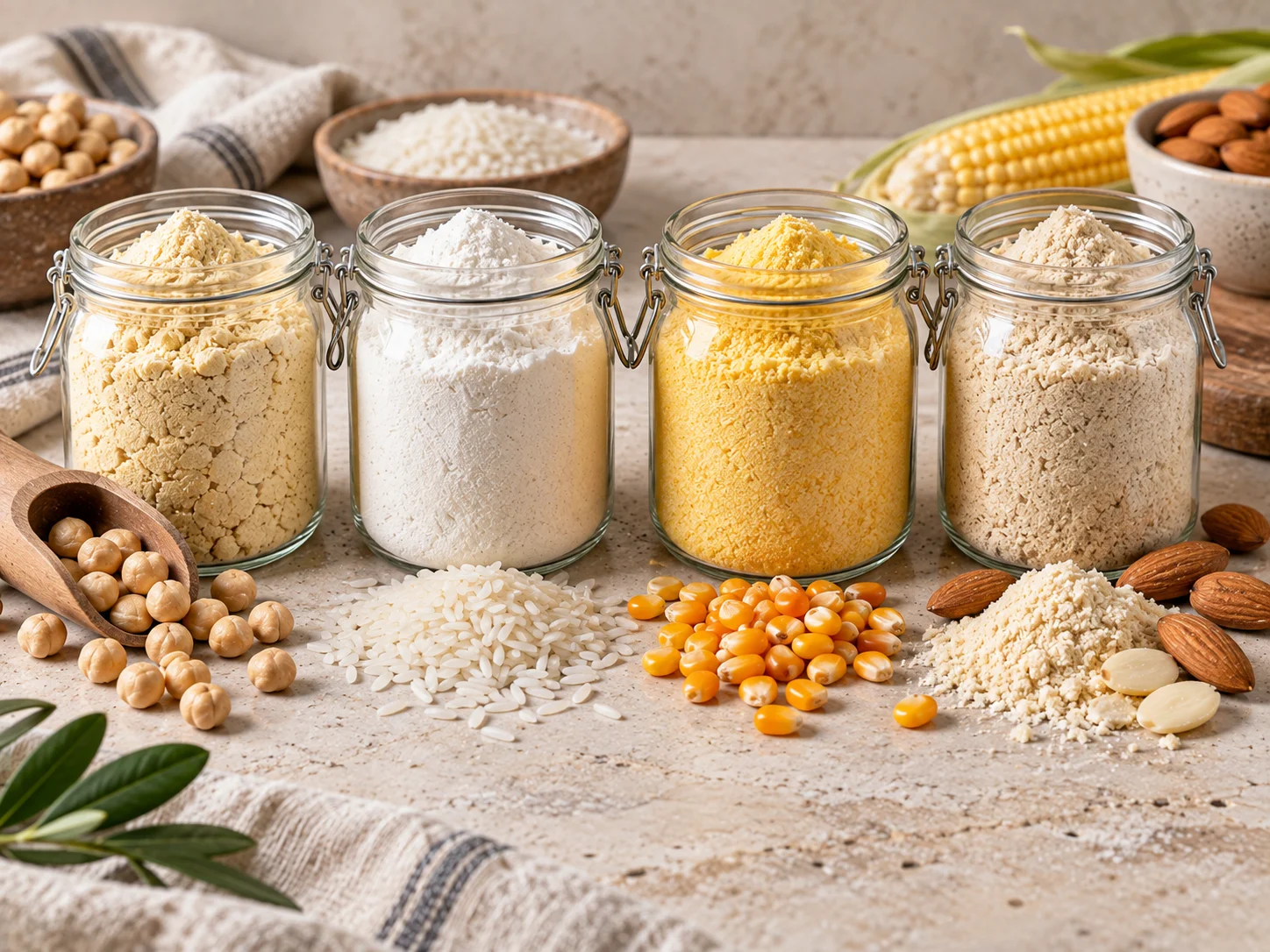 Gluten-free flours — chickpea, rice, corn, buckwheat and almond flour