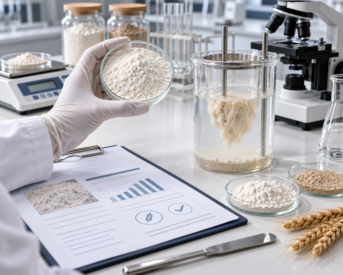 Quality control of a flour sample with a specification sheet and bake test at Plusimpex