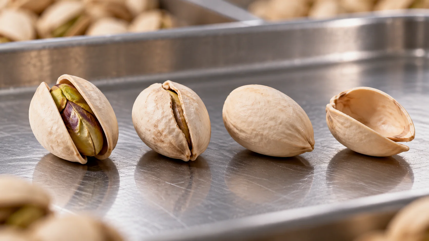 Naturally opened, mechanically opened and closed-shell pistachios next to an empty blank shell