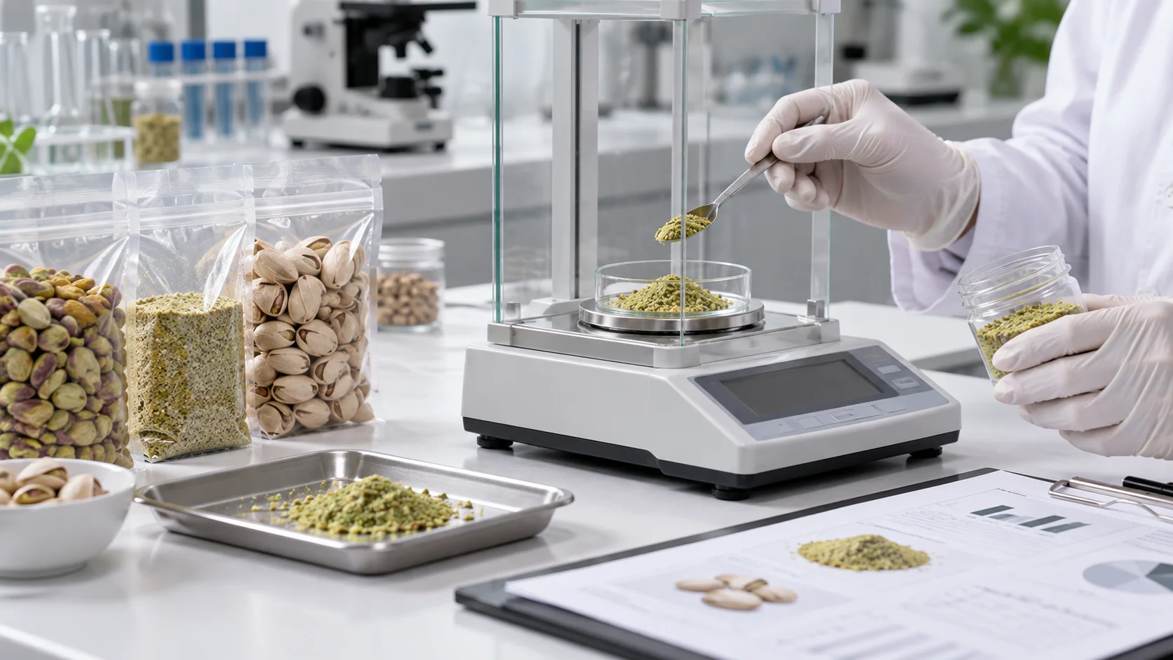 Pistachio sample being weighed for aflatoxin testing in a laboratory