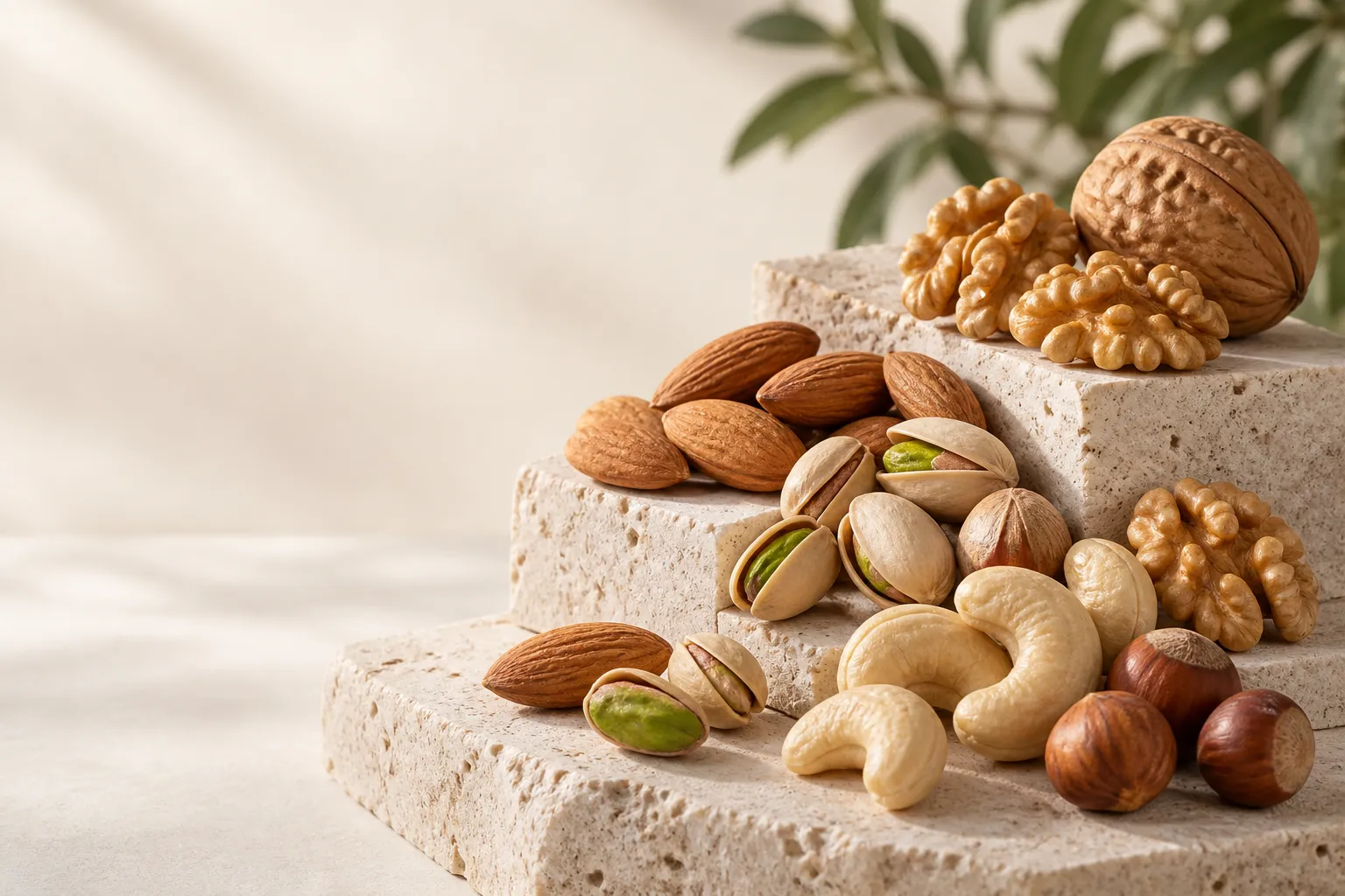 Almonds, walnuts, pistachios and cashews arranged on stone plinths