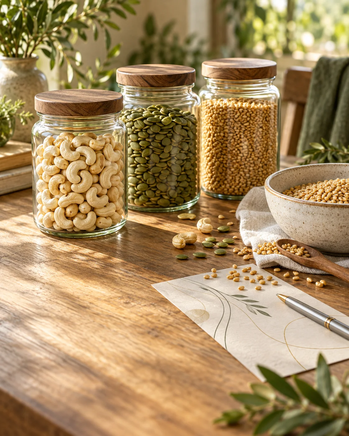 Jars of nuts, pulses and dried fruit next to a printed Plusimpex product specification sheet