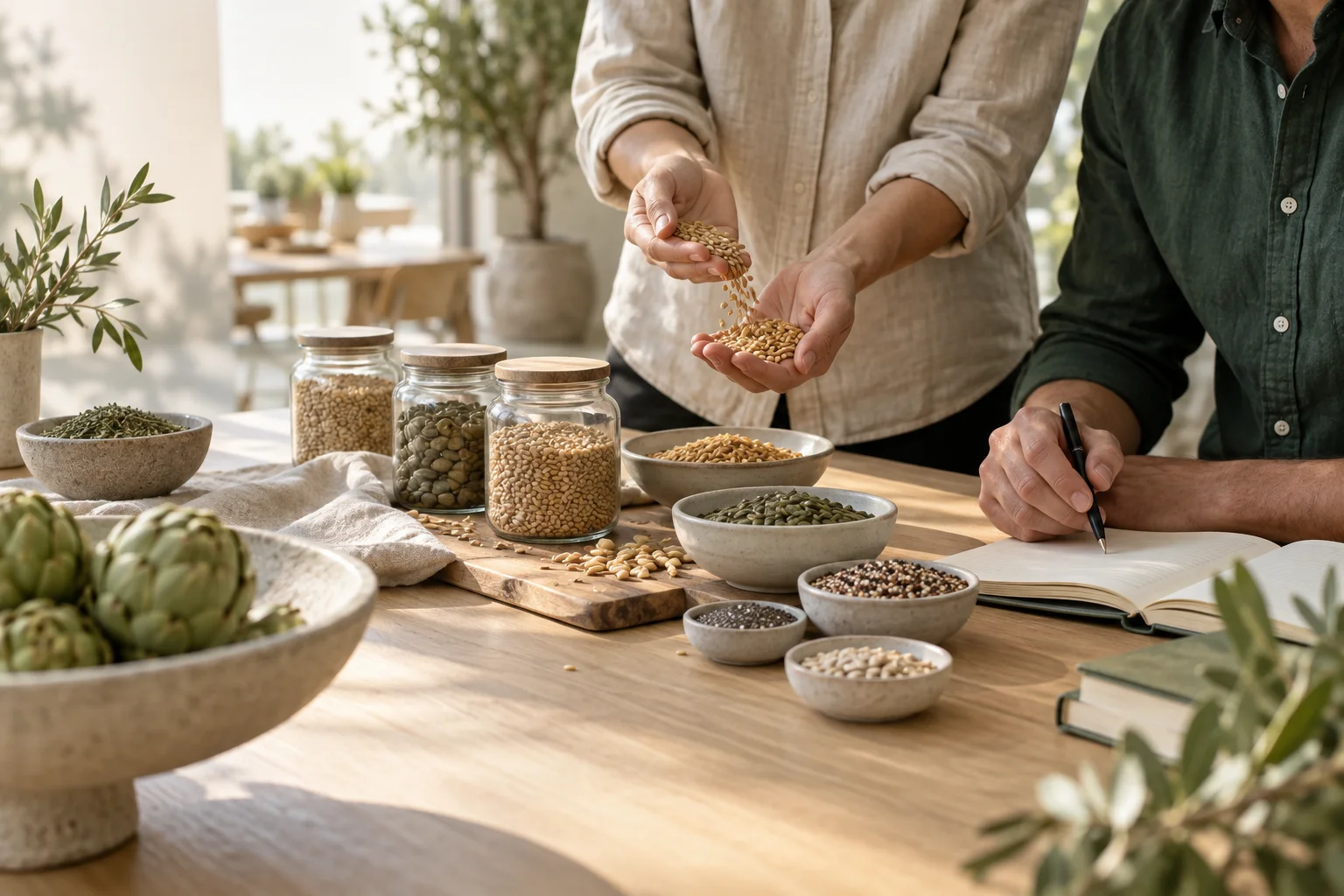 Plusimpex B.V. team inspecting nuts and dried fruits at a sourcing table in Rotterdam, the Netherlands
