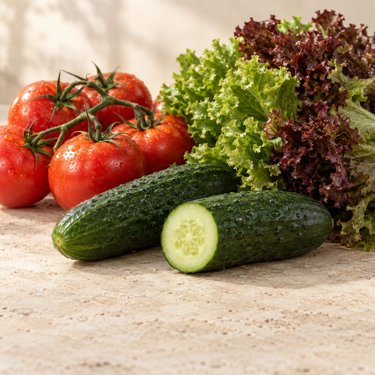 Tomatoes, cucumbers and lettuce — fresh vegetables supplied by Plusimpex