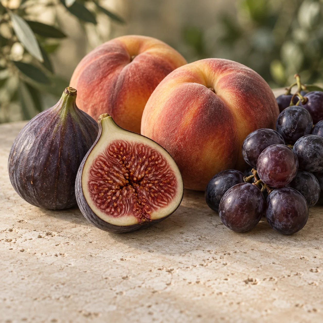 Figs, peaches and grapes — seasonal fresh fruit supplied by Plusimpex
